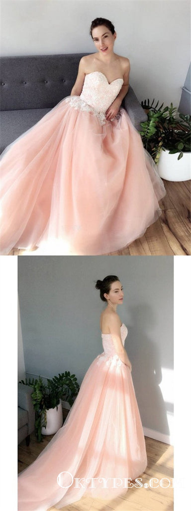 A-Line Sweetheart Neck Sleeveless Pink Long Prom Dresses with Appliques, TYP1863