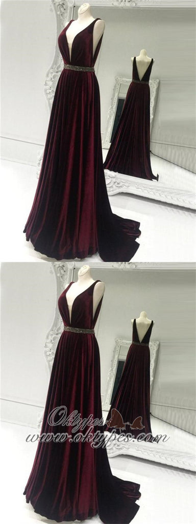 Elegant V-neck Velvet Long A-line Beaded Prom Dresses, TYP1573