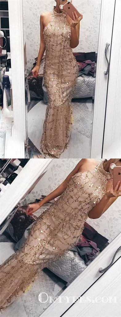 Champagne Foraml Evening  Long  High Neck With Sequins Prom Dresses, TYP1658