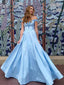 New Off-shoulder A-line Light Blue Satin Long Cheap Evening Dresses, Prom Dresses, PDS0053