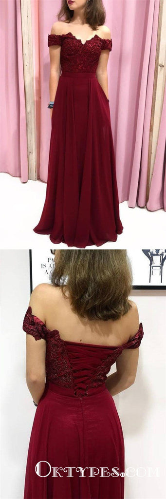 Off the Shoulder Burgundy Long Prom Dresses with Applique & Beaded, TYP1891