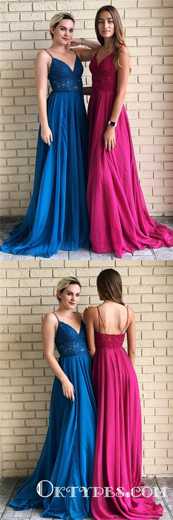 Spaghetti Straps A-Line Long Cheap Prom Dresses with Lace Top, TYP1898