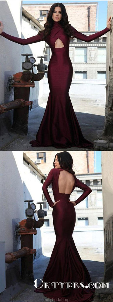 Burgundy Mermaid High Neck Cheap Long Sleeve Prom Dresses, TYP1648