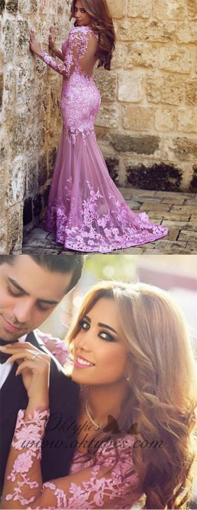 Mermaid Long Sleeves Open Back Purple Tulle Prom Dress with Lace Appliques, TYP1287