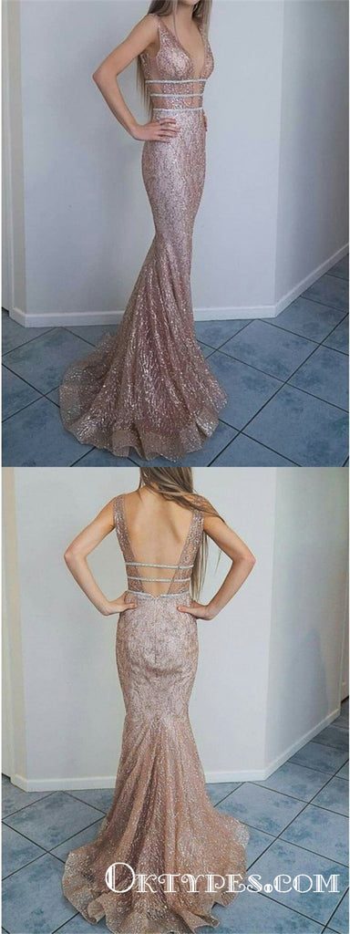 Mermaid V-Neck Backless Champagne Glitter Evening Prom Dresses, TYP1930