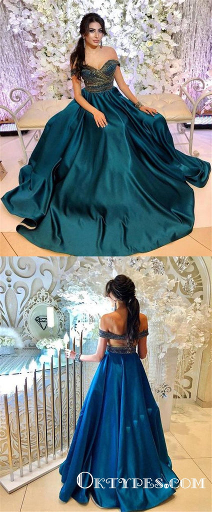 Sexy Off the Shoulder Beading Long Cheap Teal Prom Dresses, TYP1716