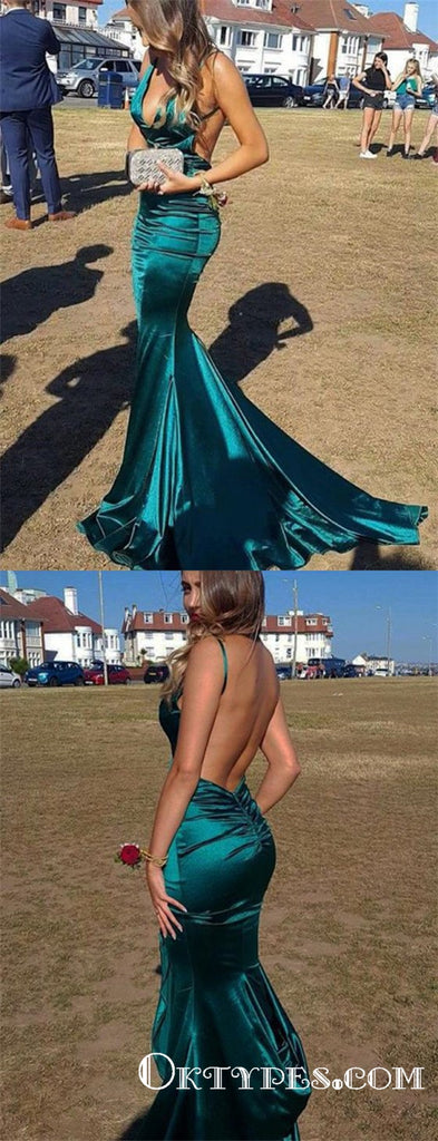 Sexy Simple Long Mermaid V Neck Green Backless Prom Dresses, TYP1768