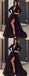 Long Sleeves Black Velvet Top A-line Satin Side Slit Prom Dresses, TYP1584