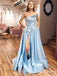 New Arrival Charming Sky Blue Satin Strapless A-Line Split Long Cheap Prom Dresses with Pockets, PDS0035