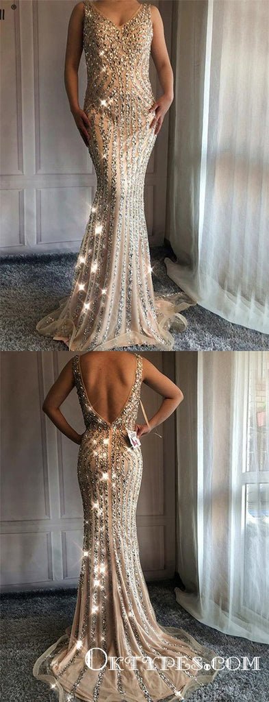 Champagne Long Cheap V Neck Prom Dresses With Beaded, TYP1767