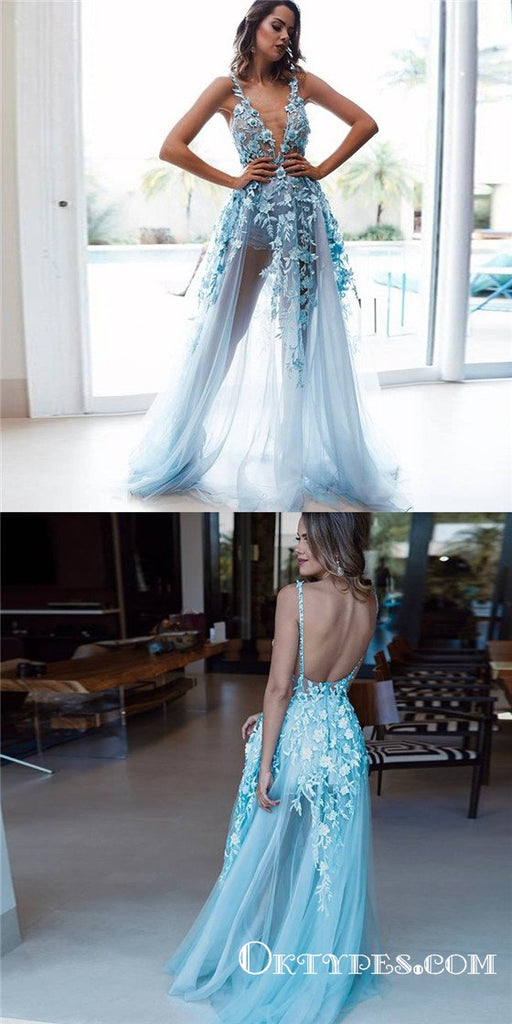 A Line Straps Backless Light Blue Prom Dresses Jumpsuit With Appliques, TYP1822