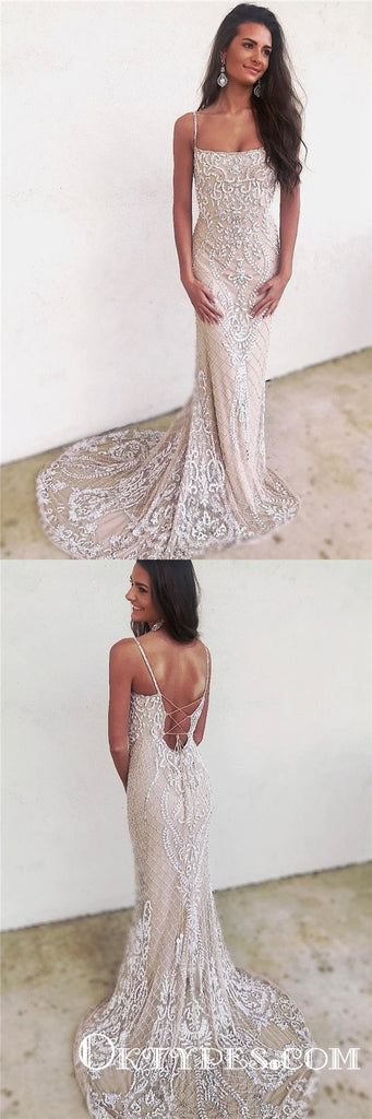 Spaghetti Straps Mermaid Ivory Lace Long Cheap Prom Dresses, TYP1899