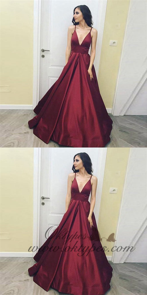 A-Line Deep V-Neck Sleeveless Floor-Length Burgundy Satin Prom Dresses Online, TYP1255