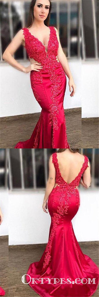 Mermaid V-Neck Lace Appliques Long Cheap Red Prom Dresses, TYP1794