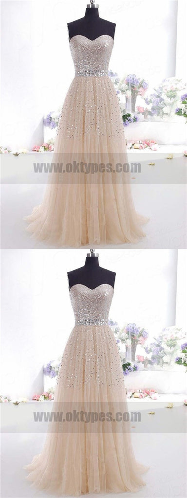 A-line/Princess Sweetheart Zipper Back Sequins Tulle Floor-length Prom Dresses with Beaded, TYP0749