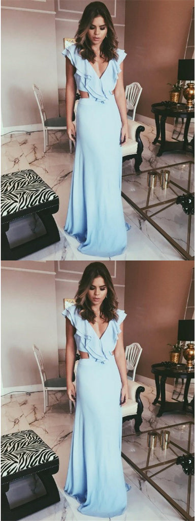 Sheath V-Neck Cut-out Blue Satin Long Prom Dresses with Ruffles, TYP1883