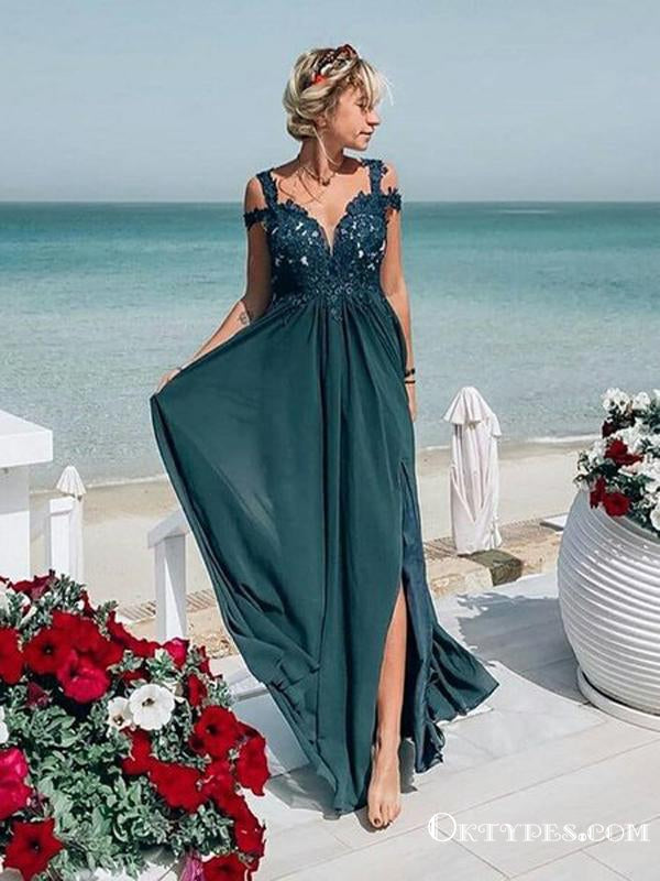 Charming Newest Chiffon Simple Off The Shoulder Lace Dark Green Long Cheap Prom Dresses, PDS0041