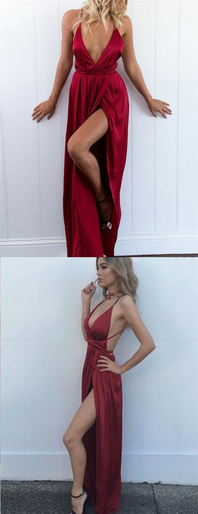 A-Line V-Neck Criss-Cross Back Blush Elastic Satin Prom Dresses with Split, TYP1284