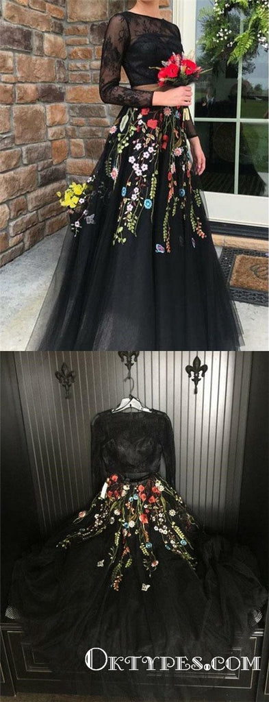 Two Piece Black Tulle Long Sleeves With Appliques Lace Prom Dresses, TYP1744