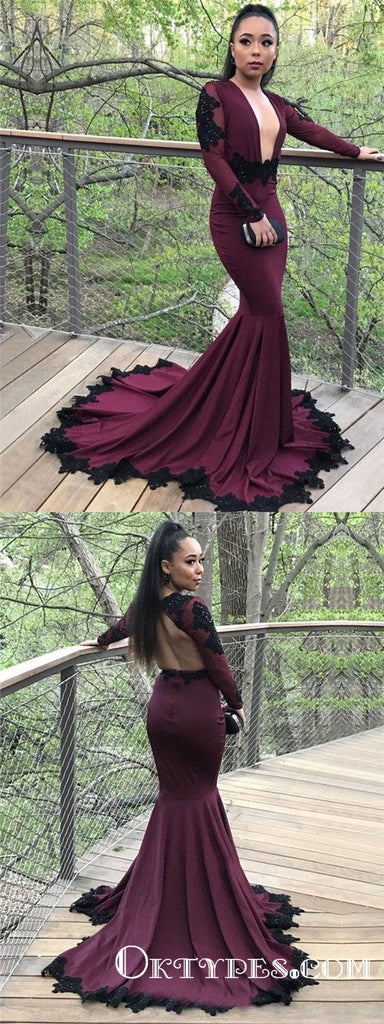 Mermaid Burgundy Long Sleeve Modest Cheap Long Prom Dresses, TYP1915