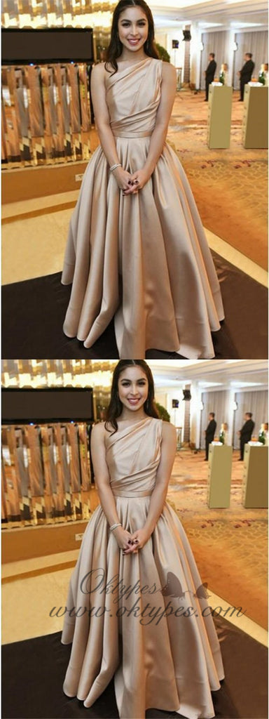 Elegant One Shoulder Champagne Long Cheap Satin Prom Dresses, TYP1591