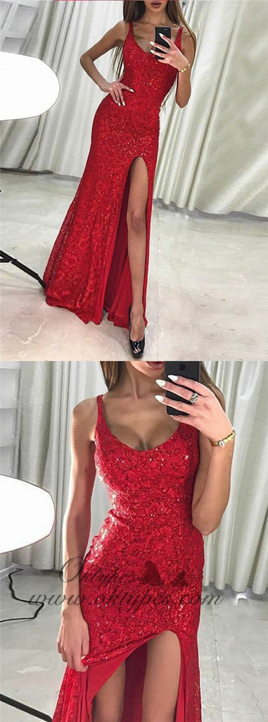 Sheath Scoop Sleeveless Red Lace Prom Dresses with Beading, TYP1340