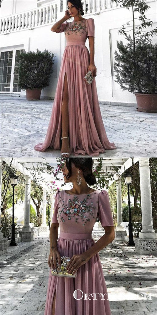 A-Line Bateau Short Sleeves Dusty Pink Long Prom Dresses with Beading&Rhinestones, TYP1628