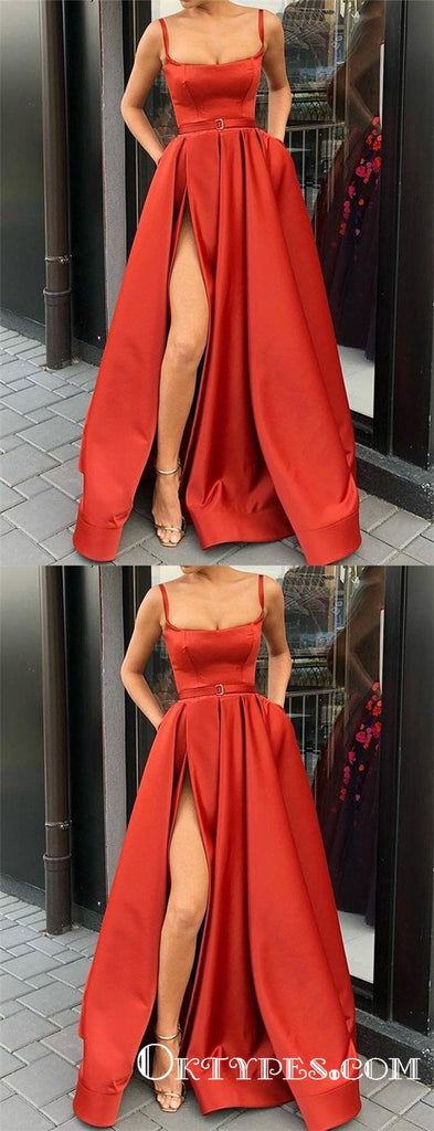 Red  Spaghetti Straps Pockets Long Evening Gowns Prom Dresses, TYP1666