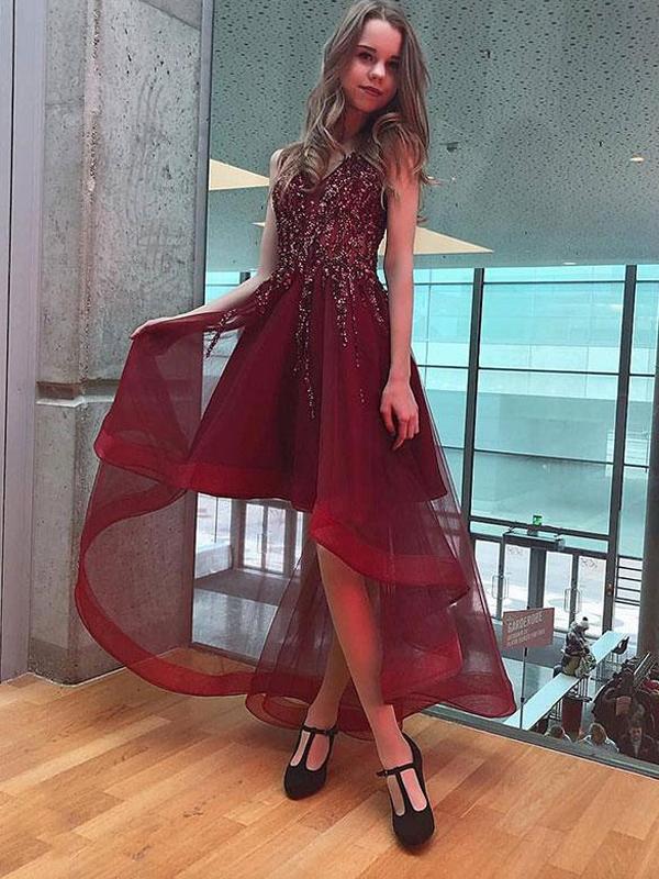 Burgundy High Low V-Neck Beaded with Rhinestones Short Front Long Back Girl Party Graduation Prom Dresses, PDS0071