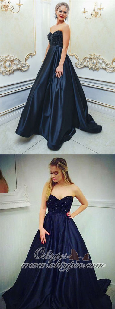 A-Line Sweetheart Navy Blue Satin Prom Dresses with Beading, TYP1387