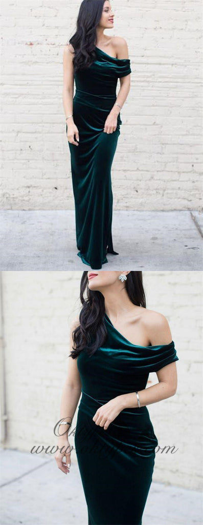 Charming One Shoulder Long Sheath Emerald Green Velvet Prom Dresses, TYP1610