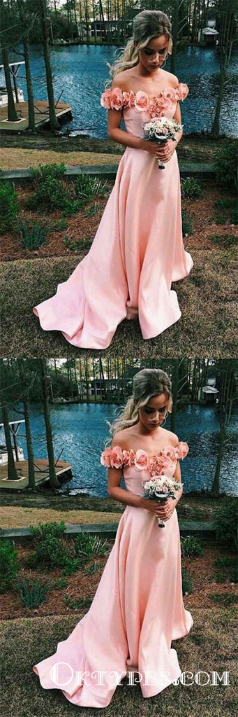 Charming Pink Off Shoulder Long Cheap Prom Dresses With Handmade Flowers, TYP1701