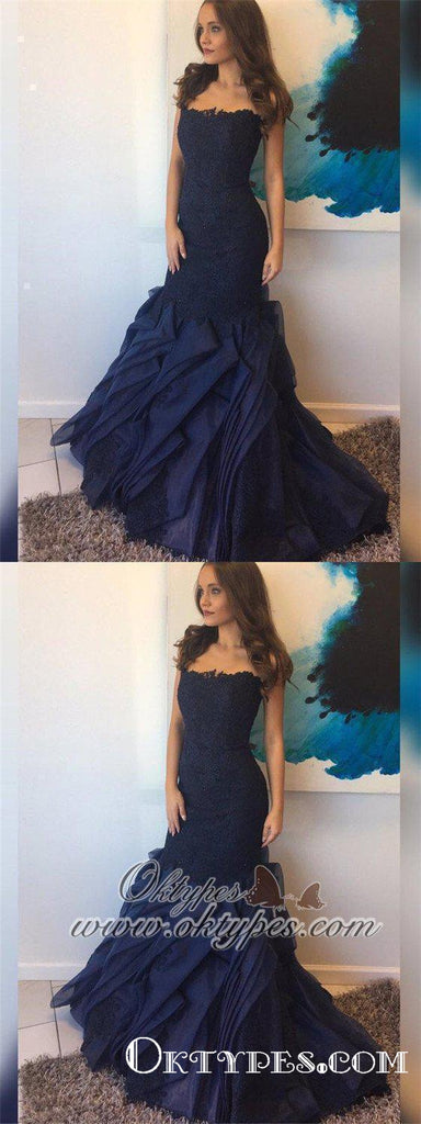 Navy Blue Sweetheart Long Mermaid Lace Organza Prom Dresses With Beaded, TYP1613