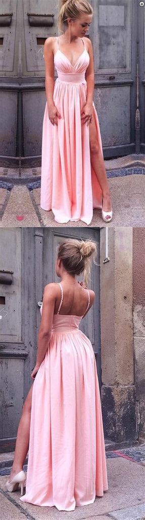 A-Line Spaghetti Straps Long Cheap Pink Prom Dresses with Side Split, TYP1124