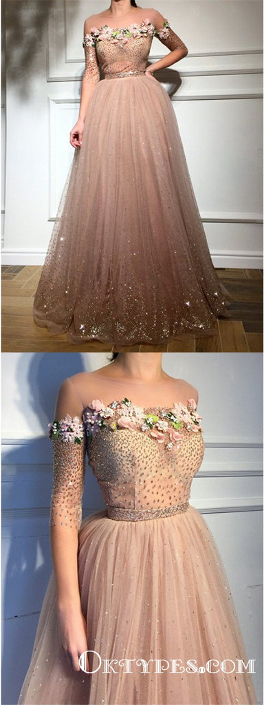 Exquisite Illusion Neck Long Sleeves Blush Prom Dresses with Beaded Flowers, TYP1669