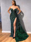 Sexy High Split Mermaid Emerald Green Sequin with Feathers Detachable Train Long Women Formal Prom Dresses, PDS0067