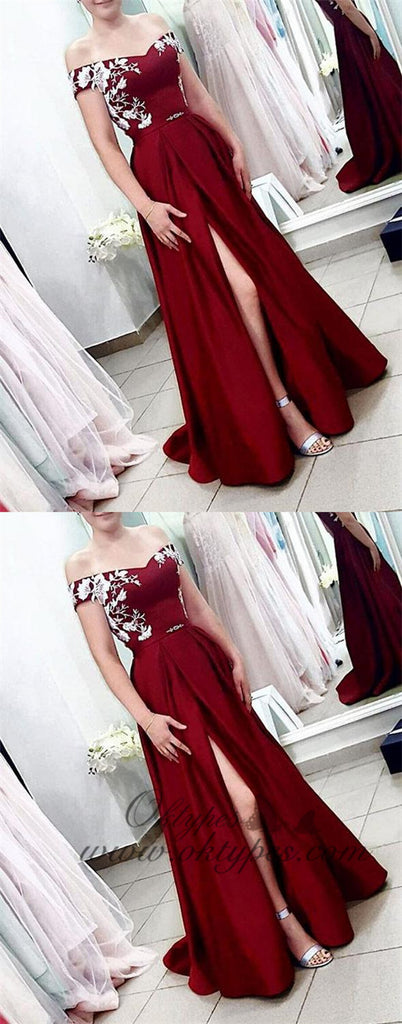 Burgundy Off Shoulder Floor Length Satin Prom Dresses with Split, TYP1606