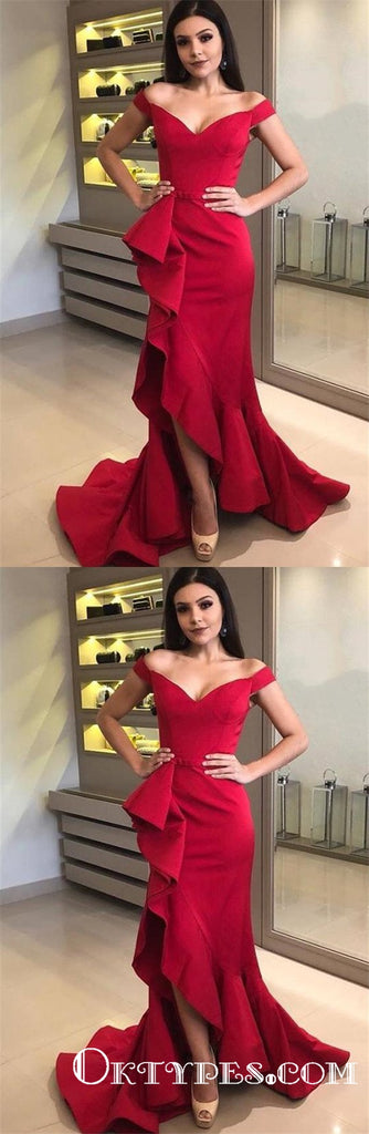 Red Off Shoulder Sleeveless Split Mermaid Evening Dresses Prom Dresses, TYP1789