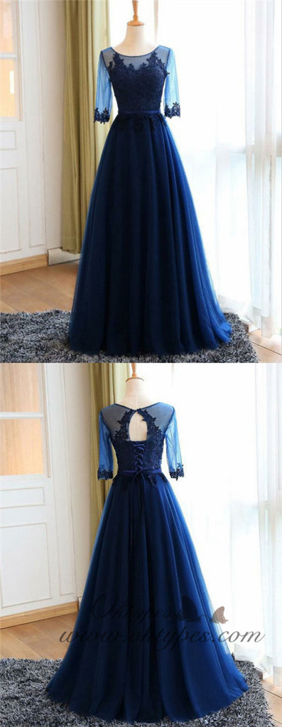 A-Line Round Neck Navy Blue Tulle Prom Dresses with Appliques, TYP1306