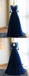 A-Line Round Neck Navy Blue Tulle Prom Dresses with Appliques, TYP1306