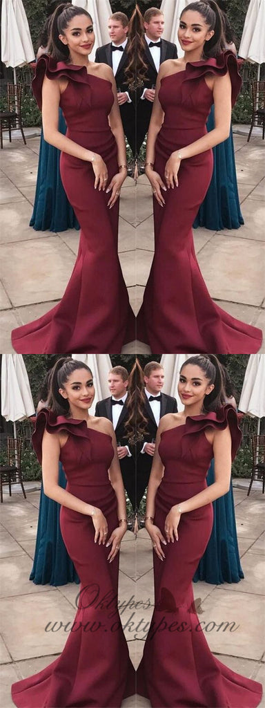 Gorgeous Burgundy One Shoulder Mermaid Long Evening Prom Dresses, TYP1383