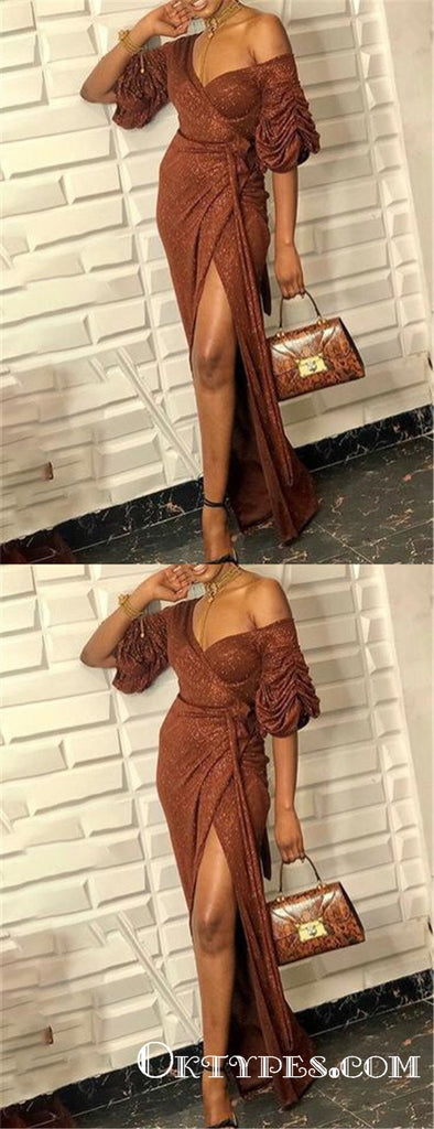 Brown Sequin With Sleeves V Neck Split Long Evening Gowns Prom Dresses, TYP1654