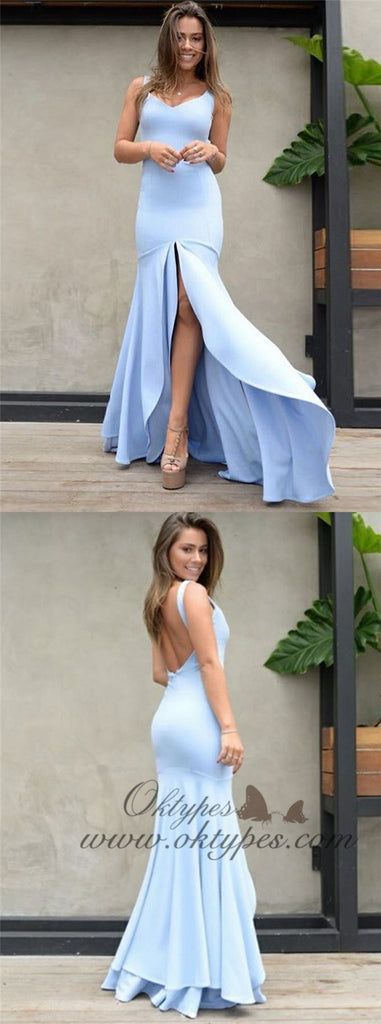 Mermaid Scoop Backless Blue Satin Prom Dresses with Split, TYP1336