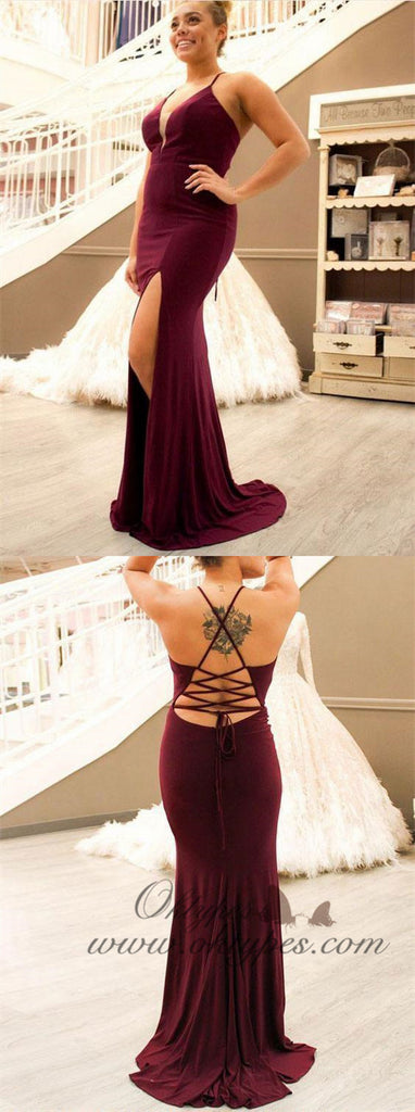 Burgundy Criss Cross Sheath Split Side Prom Dresses Evening Dress for Women, TYP1582