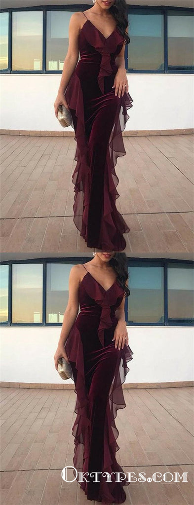 Burgundy  Spaghetti Straps Long Velvet Evening Gowns With Ruffles Prom Dresses, TYP1680