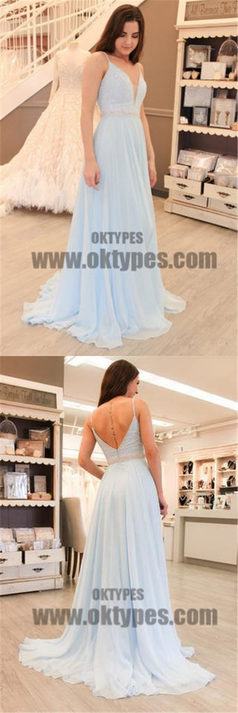 Spaghetti Beaded Light Blue Chiffon Prom Dresses, Formal Dresses, Evening Dresses, TYP0699