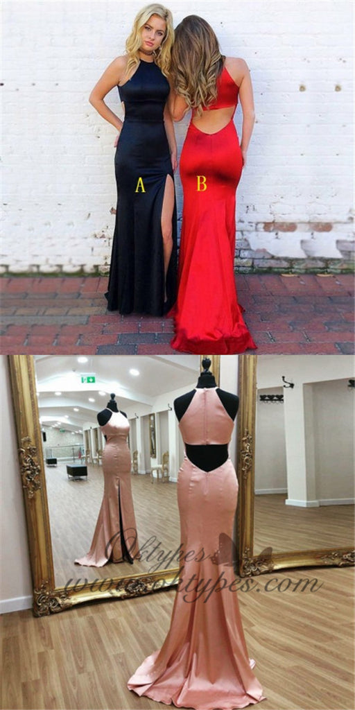 Mermaid Round Neck Open Back Long Cheap Navy Blue Prom Dresses, TYP1271