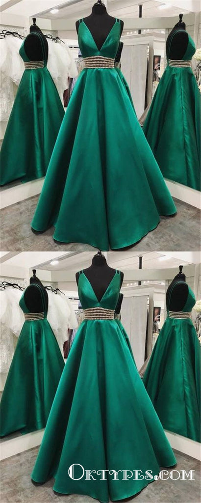 Charming Backless Long Cheap Green Prom Dresses with beading, TYP1725