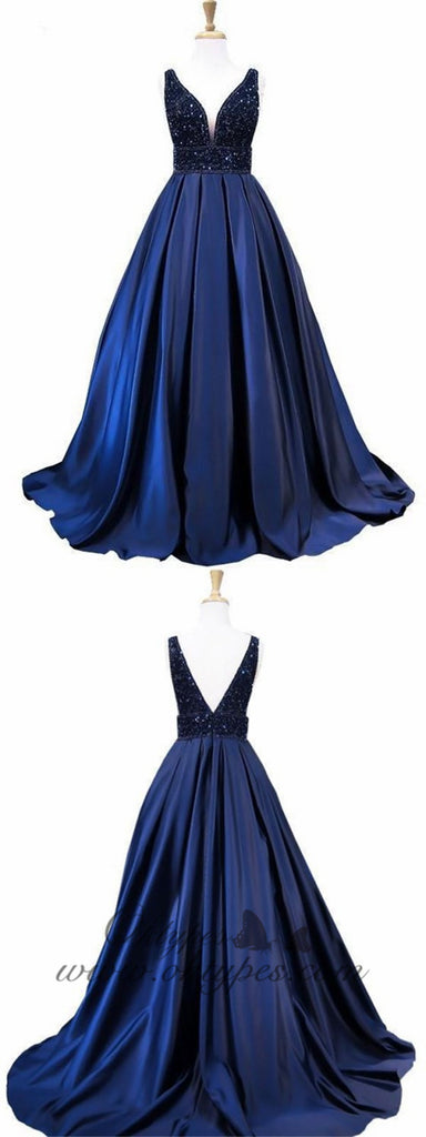 A-line V-neck Beaded Bodice Formal Dress Navy Blue Satin Long Prom Dresses 2019, TYP1221