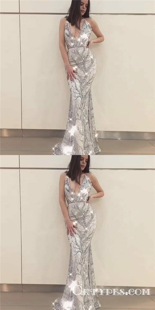 Mermaid Spaghetti Straps Long Silver Prom Dresses with Beading, TYP1826